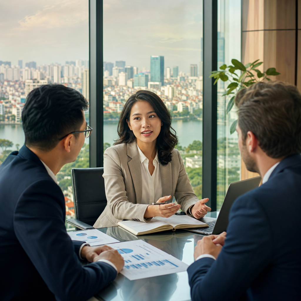 Finance interpreter in professional Hanoi banking meeting discussing investment deals with international and Vietnamese busin
