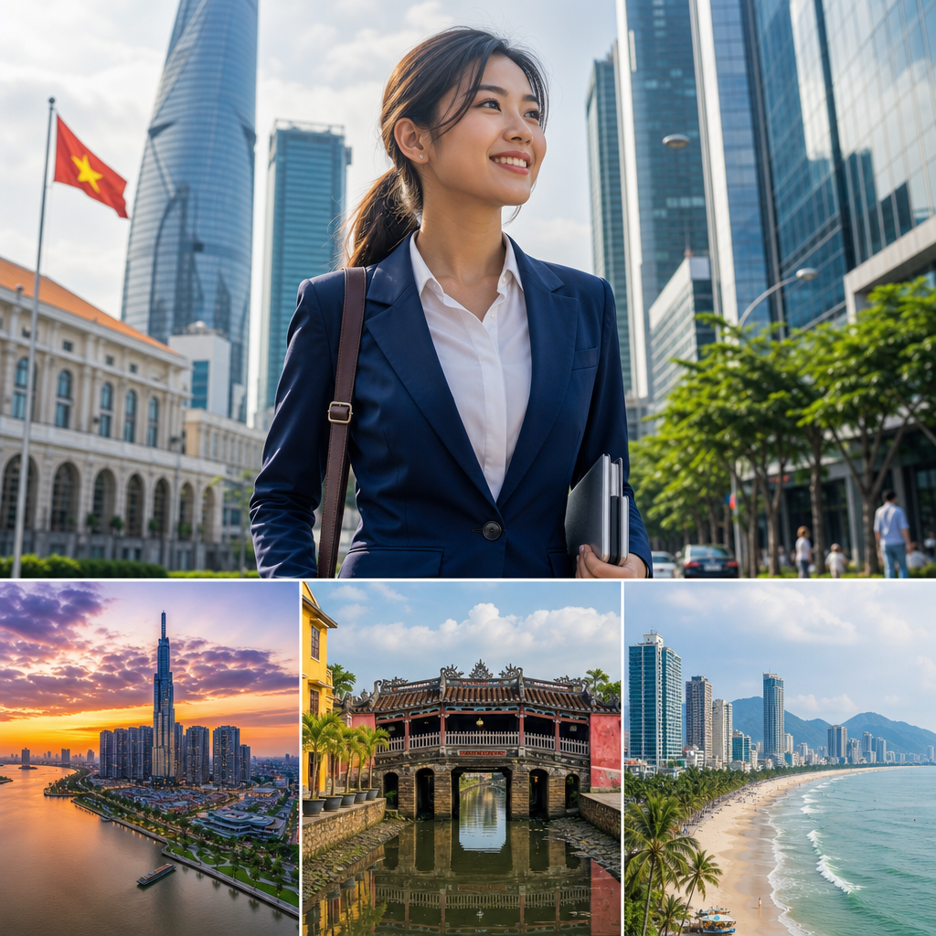 Professional medical device interpreter consulting with international healthcare executive in Vietnam office setting.