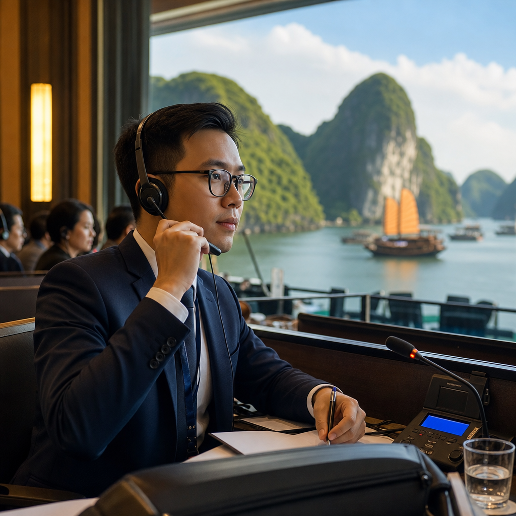 Professional conference interpreter Vietnam specialist Duc Minh presenting at international tech event in Hanoi
