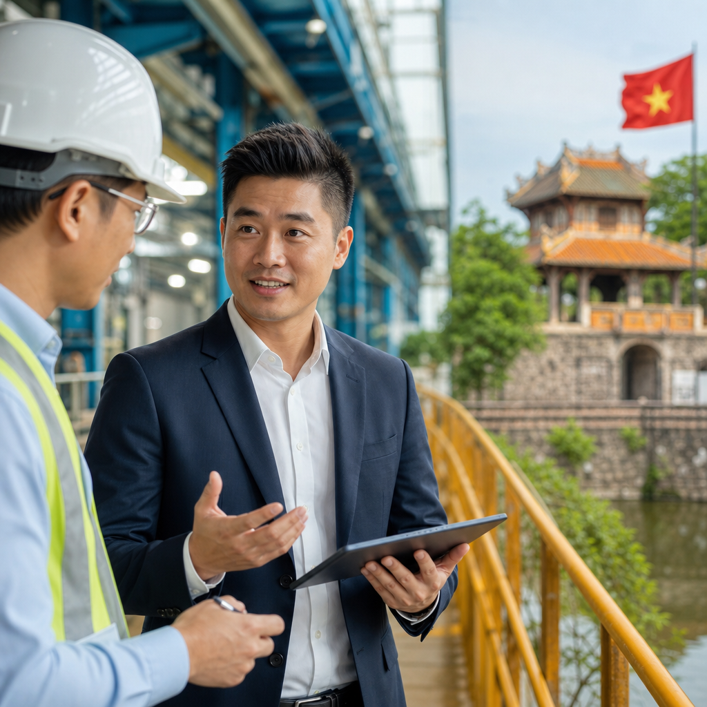 Manufacturing interpreter Duc Pham reviewing technical specifications with factory managers in Vietnam automotive assembly pl