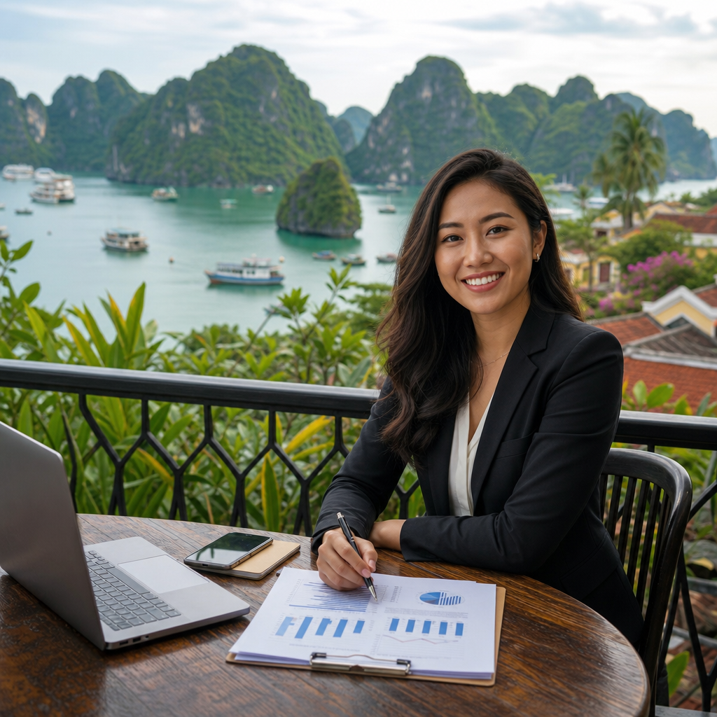 Professional finance interpreter Linh Nguyen conducting a CFO meeting in a modern Hanoi office with financial documents.