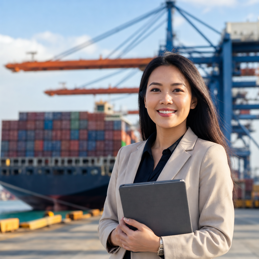 Professional manufacturing interpreter Linh Pham reviewing factory compliance documents during an audit at a Vietnam industri