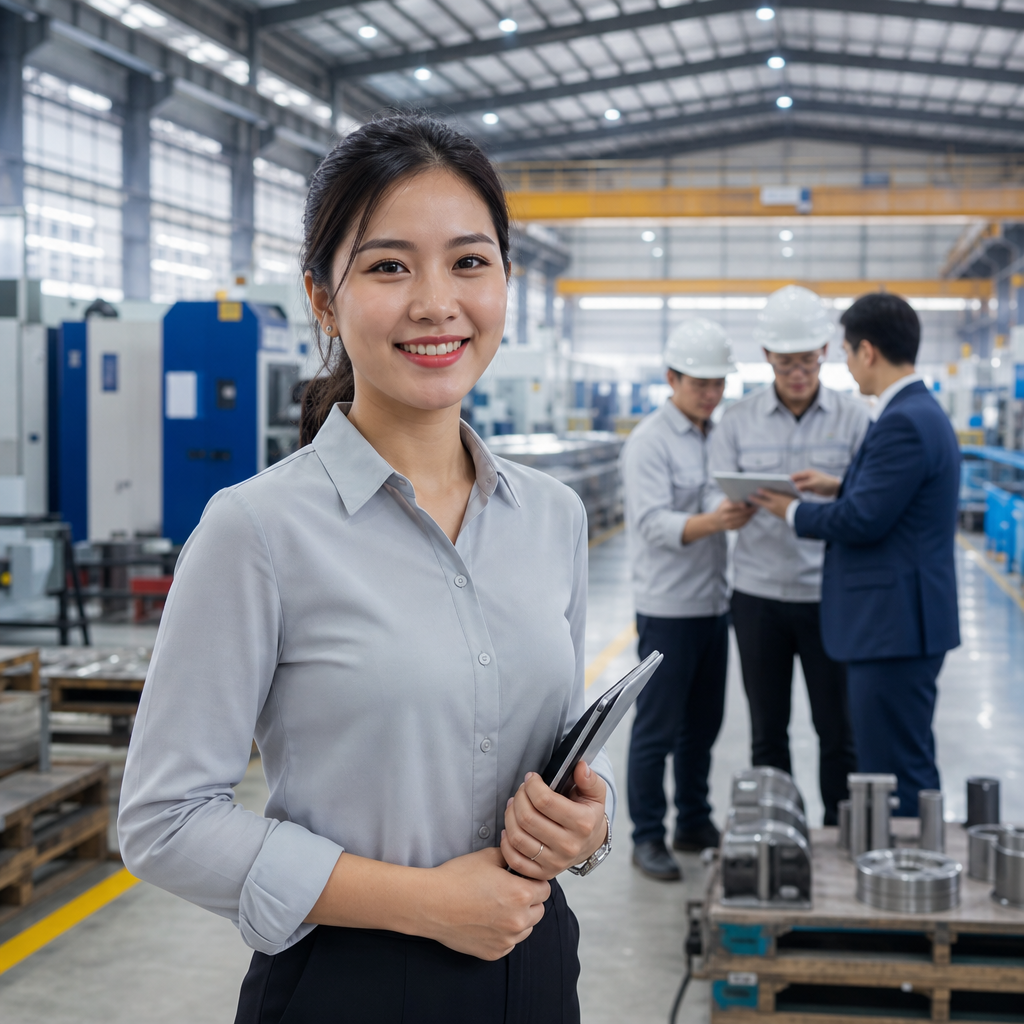 Linh Tran, chemical engineer and specialized technical interpreter, facilitating manufacturing discussion in Da Nang factory