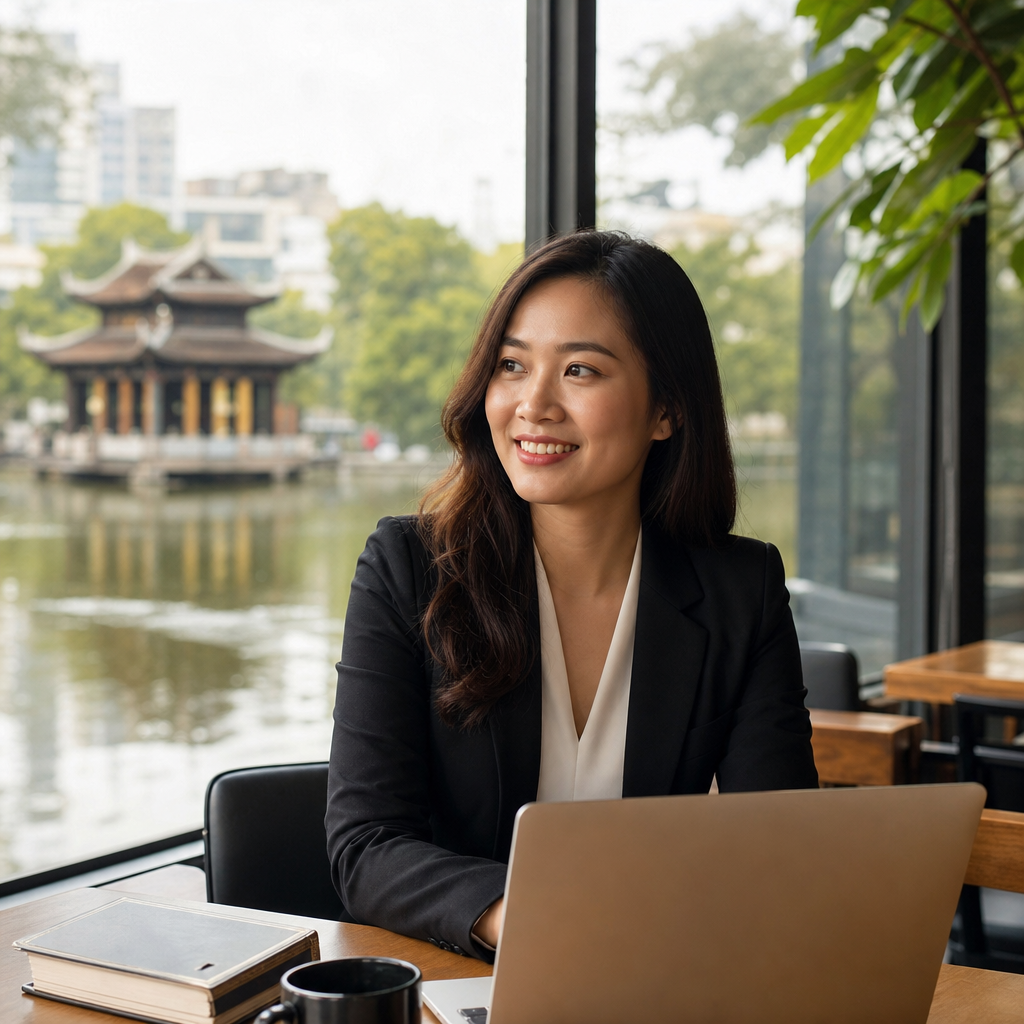 Nguyen Thi Hoa, professional legal interpreter, in Hanoi office with law documents and bilingual reference materials.