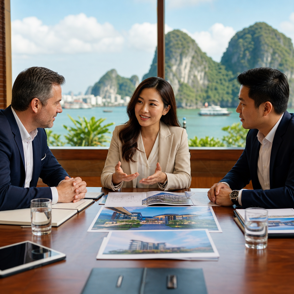 Tran Hoa, hospitality interpreter, discussing hotel operations with international business partners in Hanoi