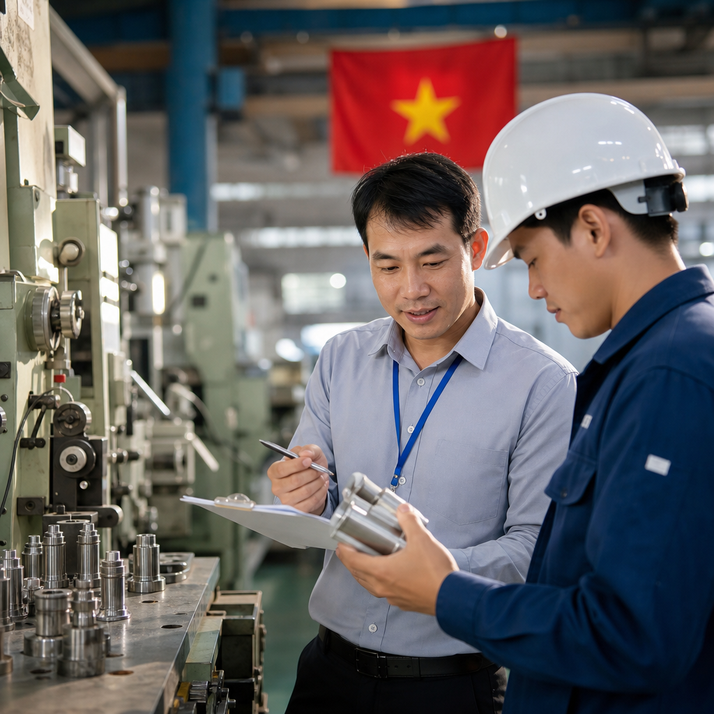 Manufacturing interpreter conducting factory audit translation in Vietnamese semiconductor facility with quality control team