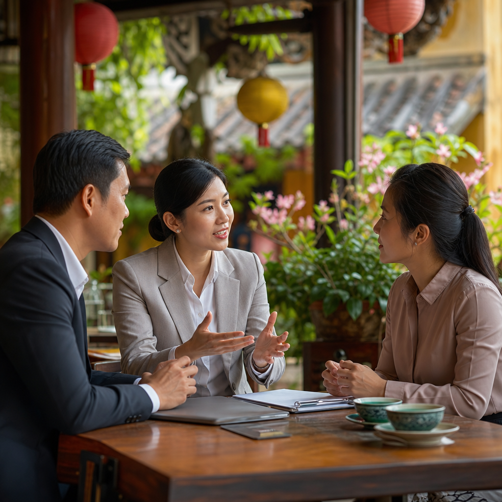 Vietnamese business professionals in formal meeting discussing negotiation strategy with interpreter present
