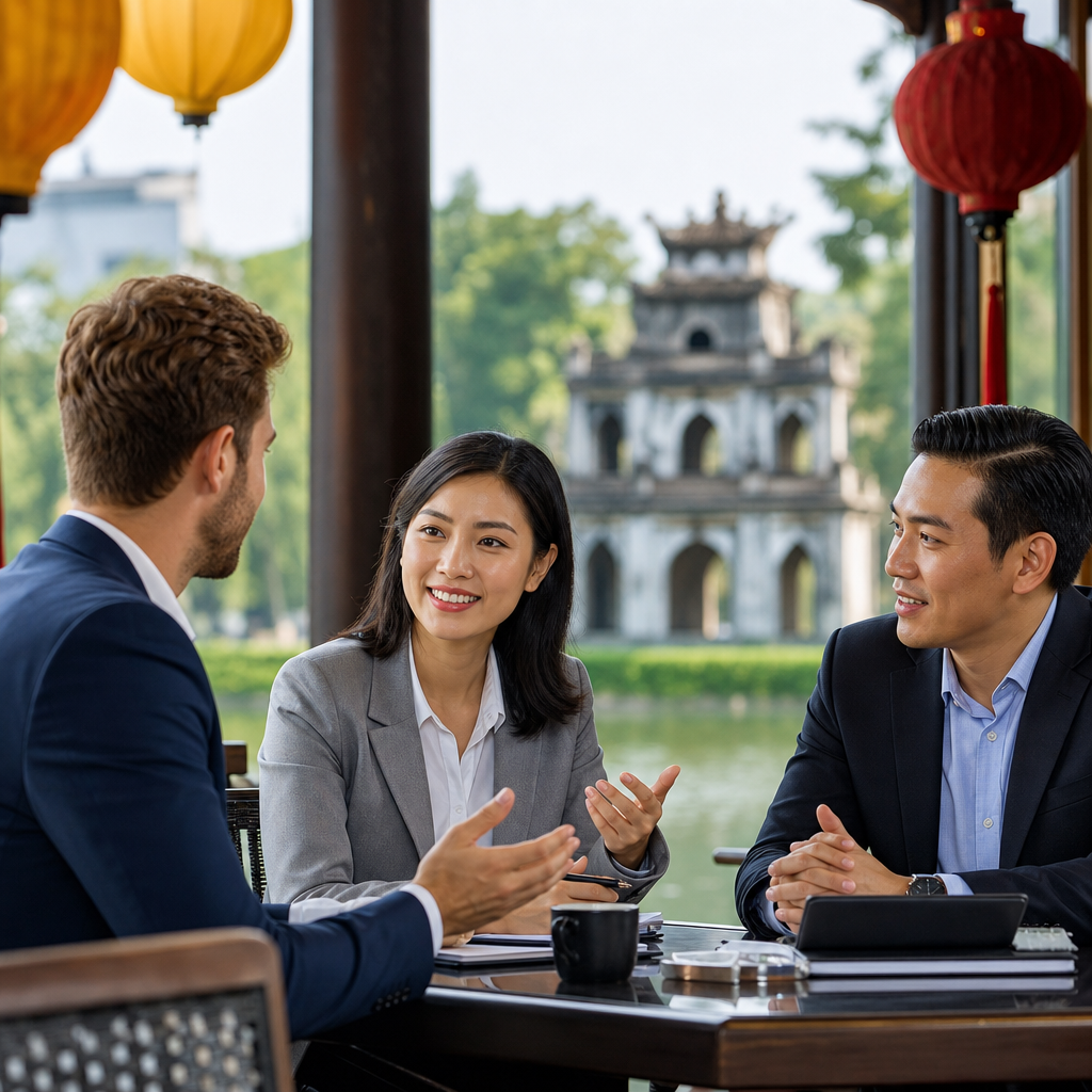 Two professionals in Hanoi office negotiating a contract with Vietnamese business negotiation phrases displayed