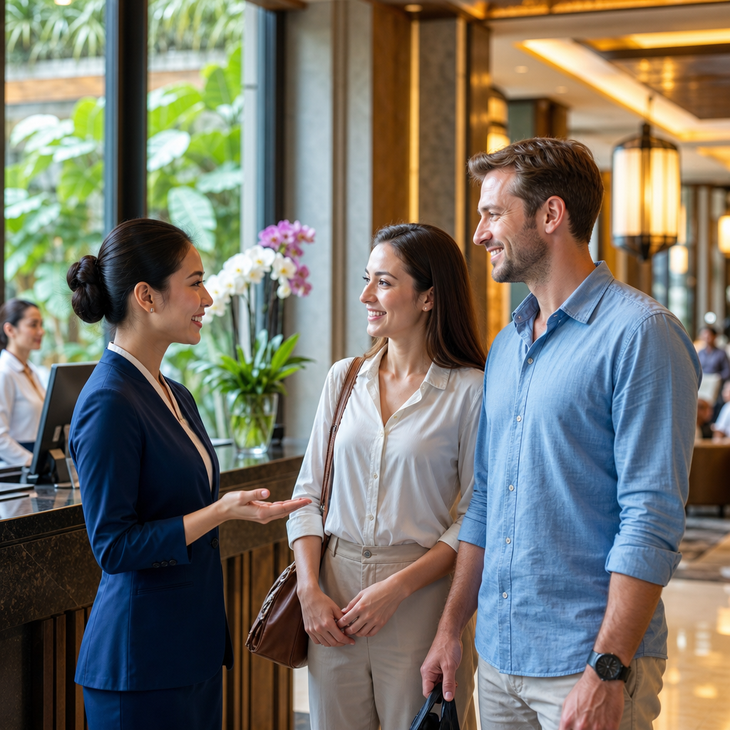 Professional interpreter assisting hotel guest check-in with multilingual communication support in Vietnam hospitality settin