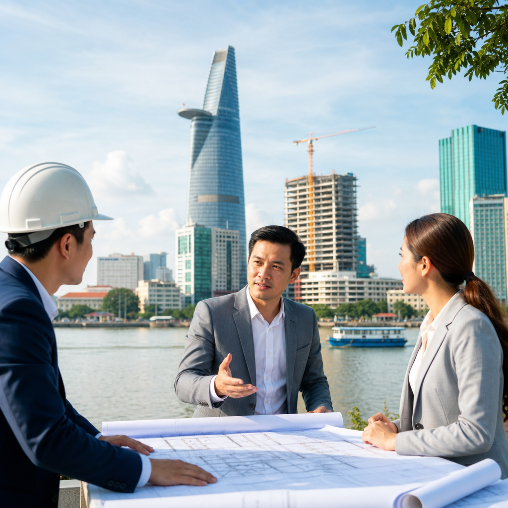 Vietnamese property deed documents and zoning map spread on desk with interpreter notes and legal terminology guide