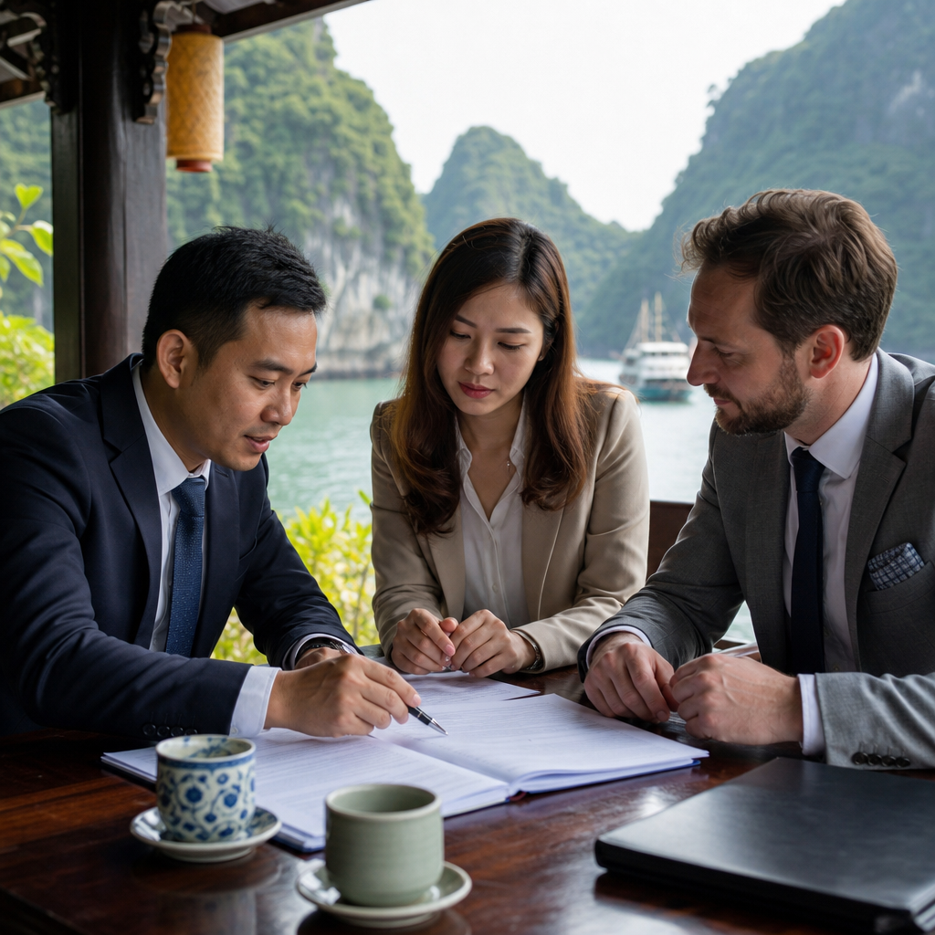 Vietnamese business professionals reviewing bilingual contract documents in a modern office meeting room