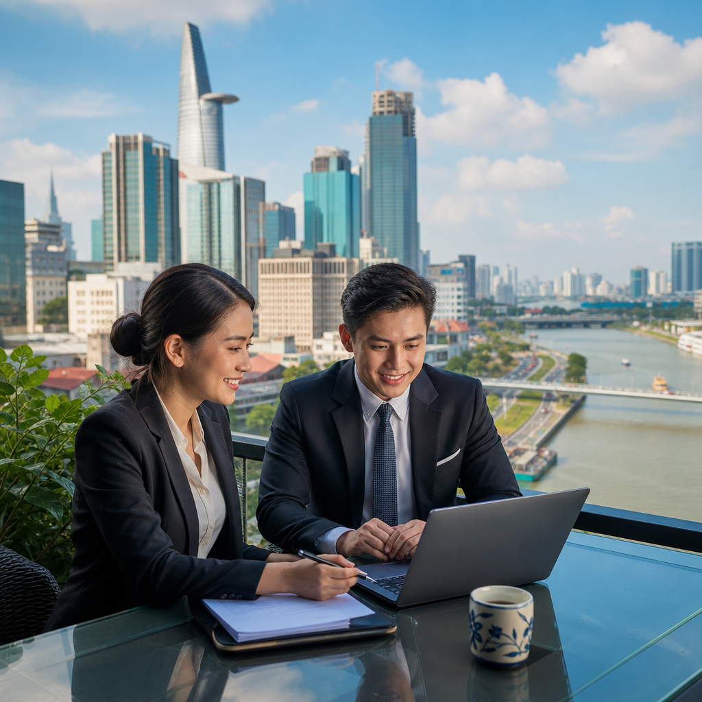 Two business professionals reviewing contract documents in a modern Ho Chi Minh City office conference room