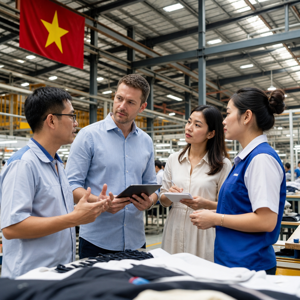 Vietnamese factory manager and foreign buyer discussing specifications with professional interpreter in manufacturing facilit