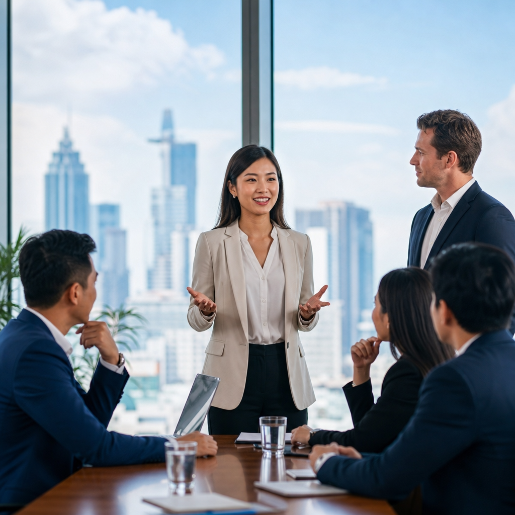Tech founder presenting pitch deck to Vietnamese venture capitalist with professional interpreter at conference table