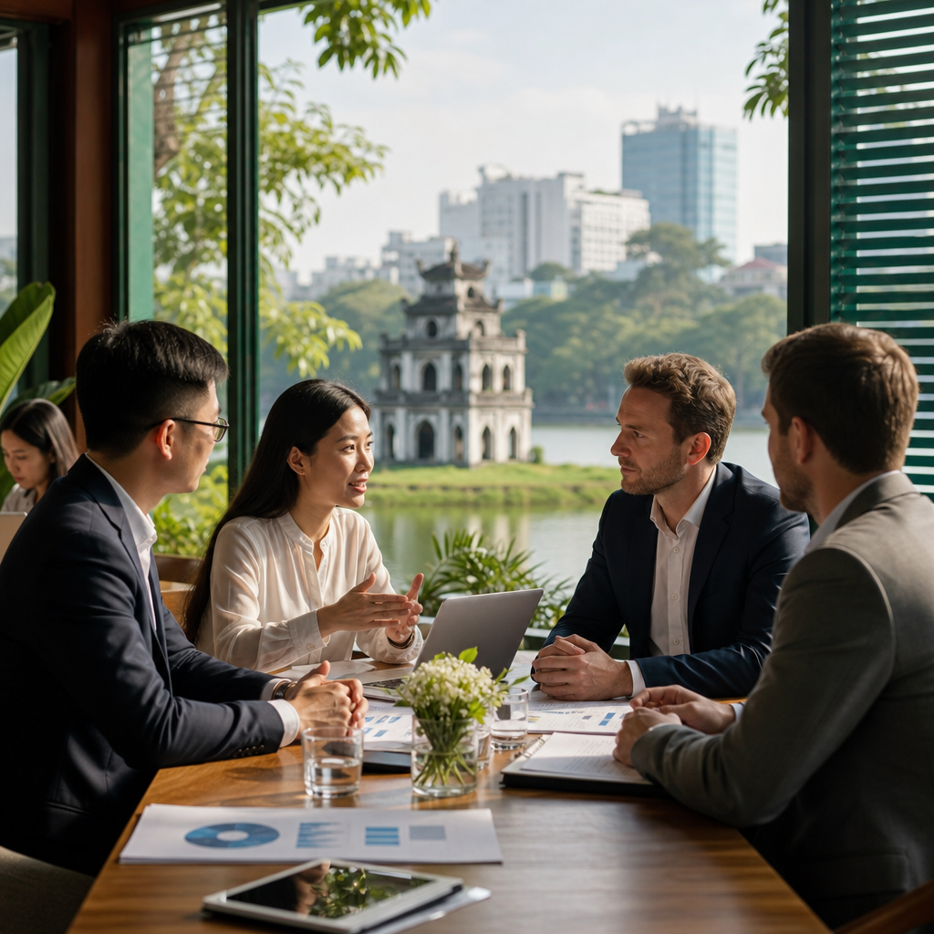 Vietnamese tech founder presenting growth metrics to foreign venture capitalists in Hanoi meeting room with interpreter prese