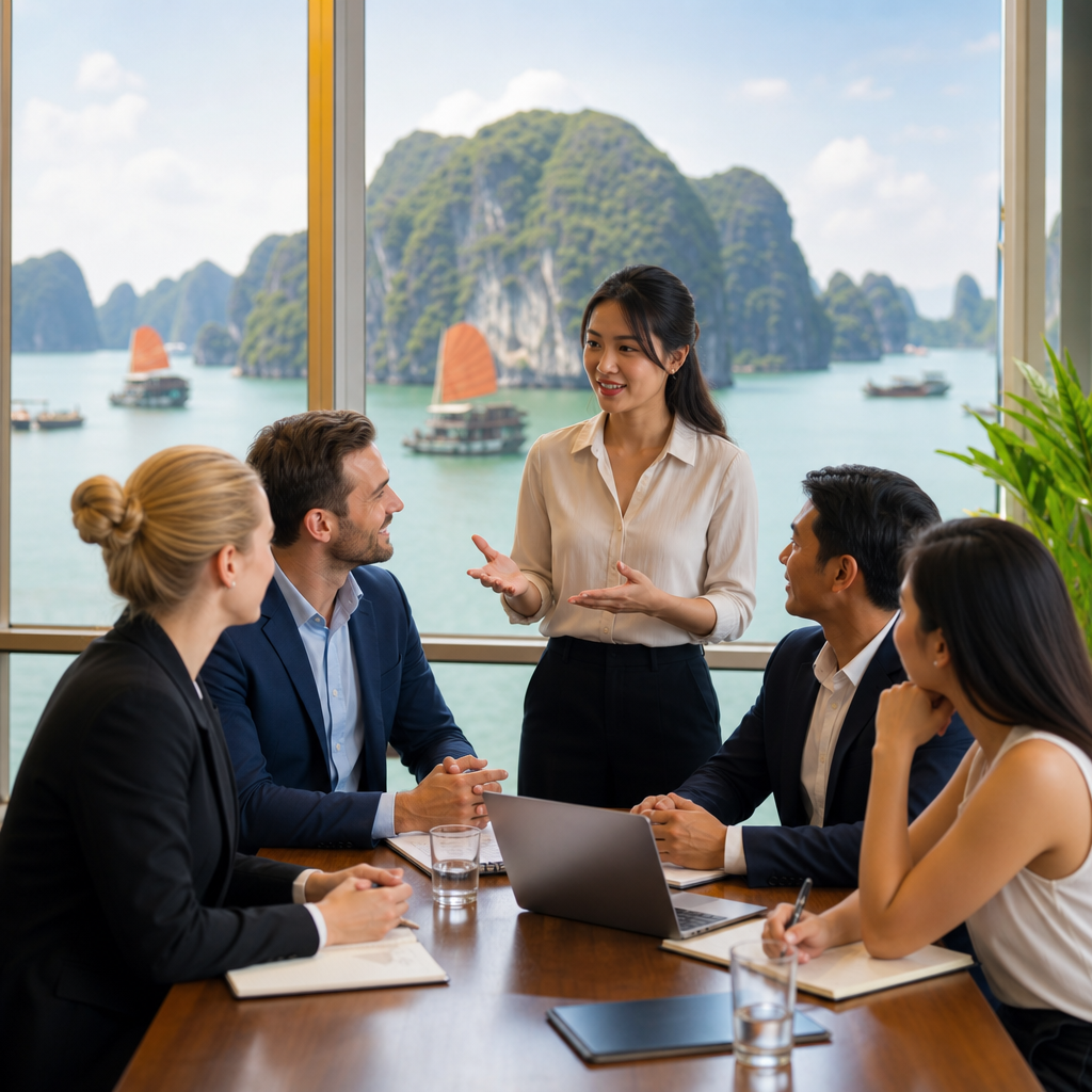 Professional interpreter consulting with foreign business client in Vietnam office meeting room