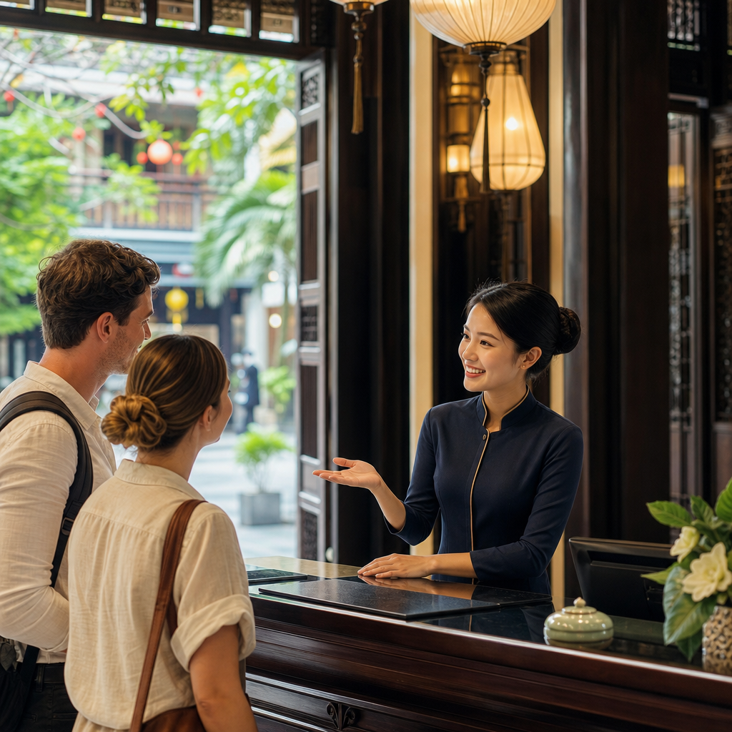 Professional interpreter assisting international guests at luxury hotel reception desk in Vietnam