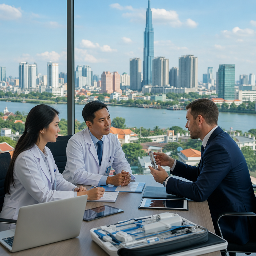 Professional interpreter assisting medical device sales negotiation in Vietnam healthcare facility with compliance documents.