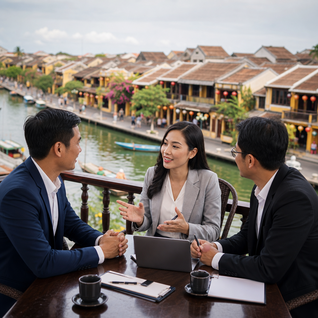 Professional business meeting in Vietnam with interpreter facilitating conversation between foreign executives and Vietnamese