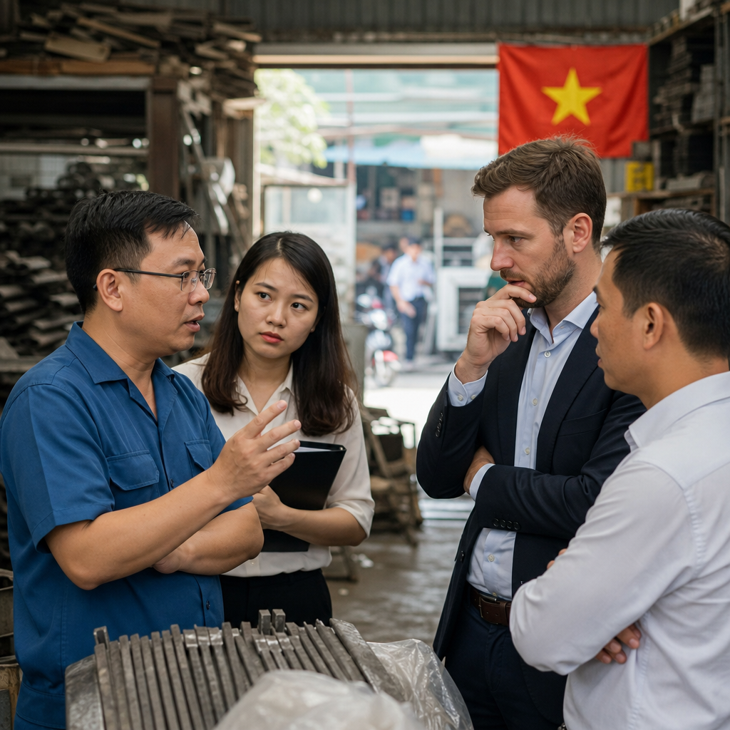 Vietnamese manufacturing floor with translator and business professionals reviewing technical documents during factory partne