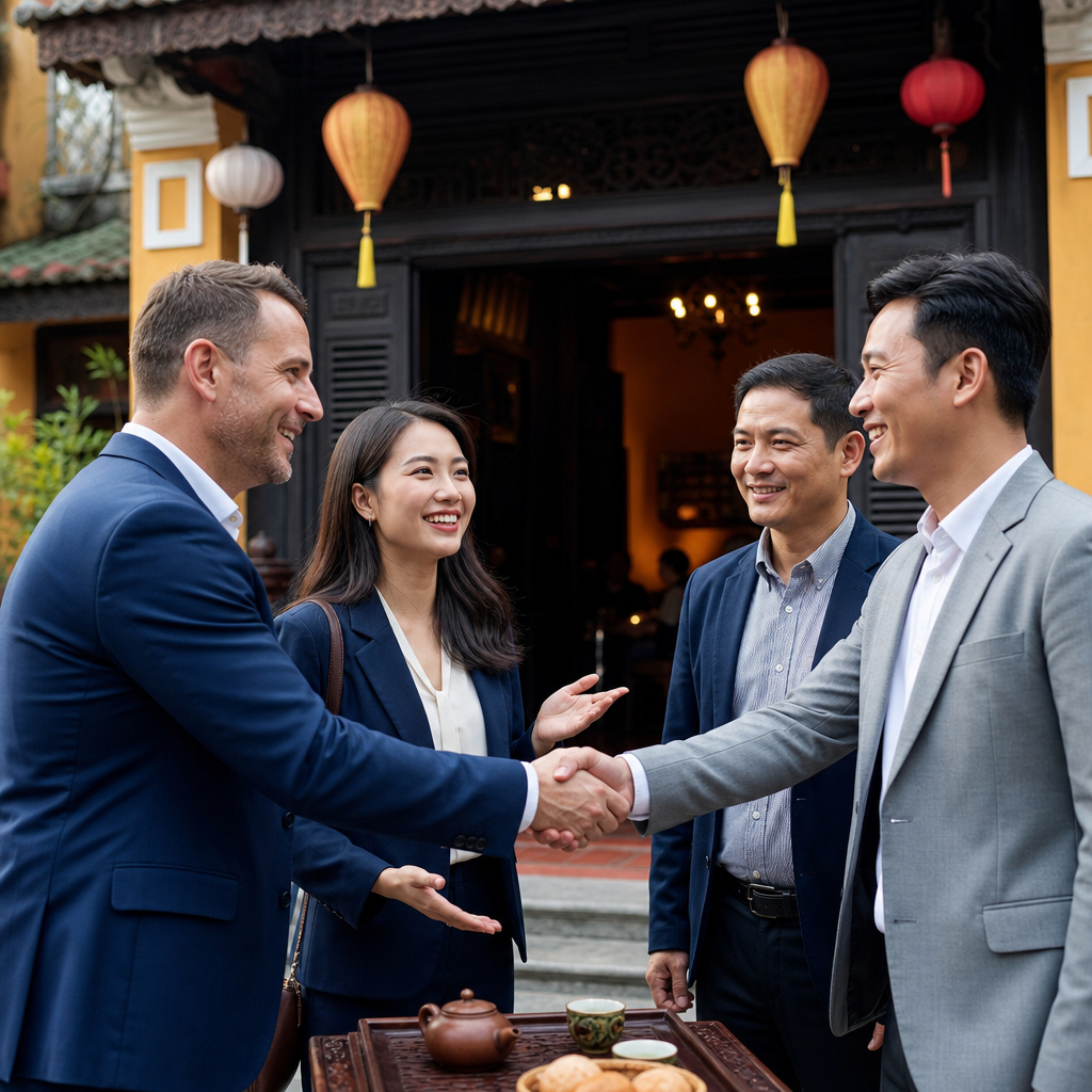 Business professionals shaking hands across a conference table in modern Hanoi office during successful negotiation