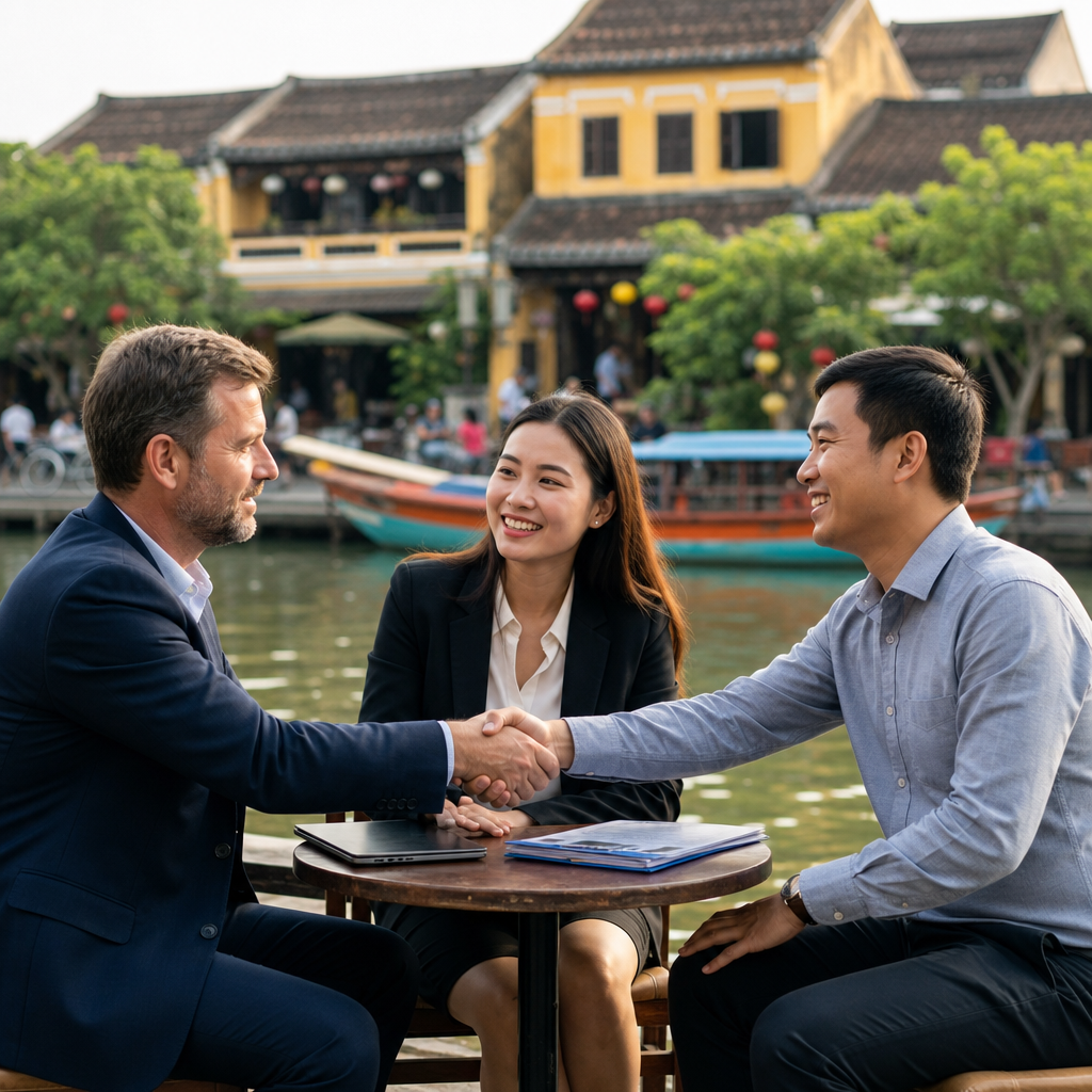 Vietnamese seafood exporter and professional interpreter discussing shipping documents and export contract terms at port offi