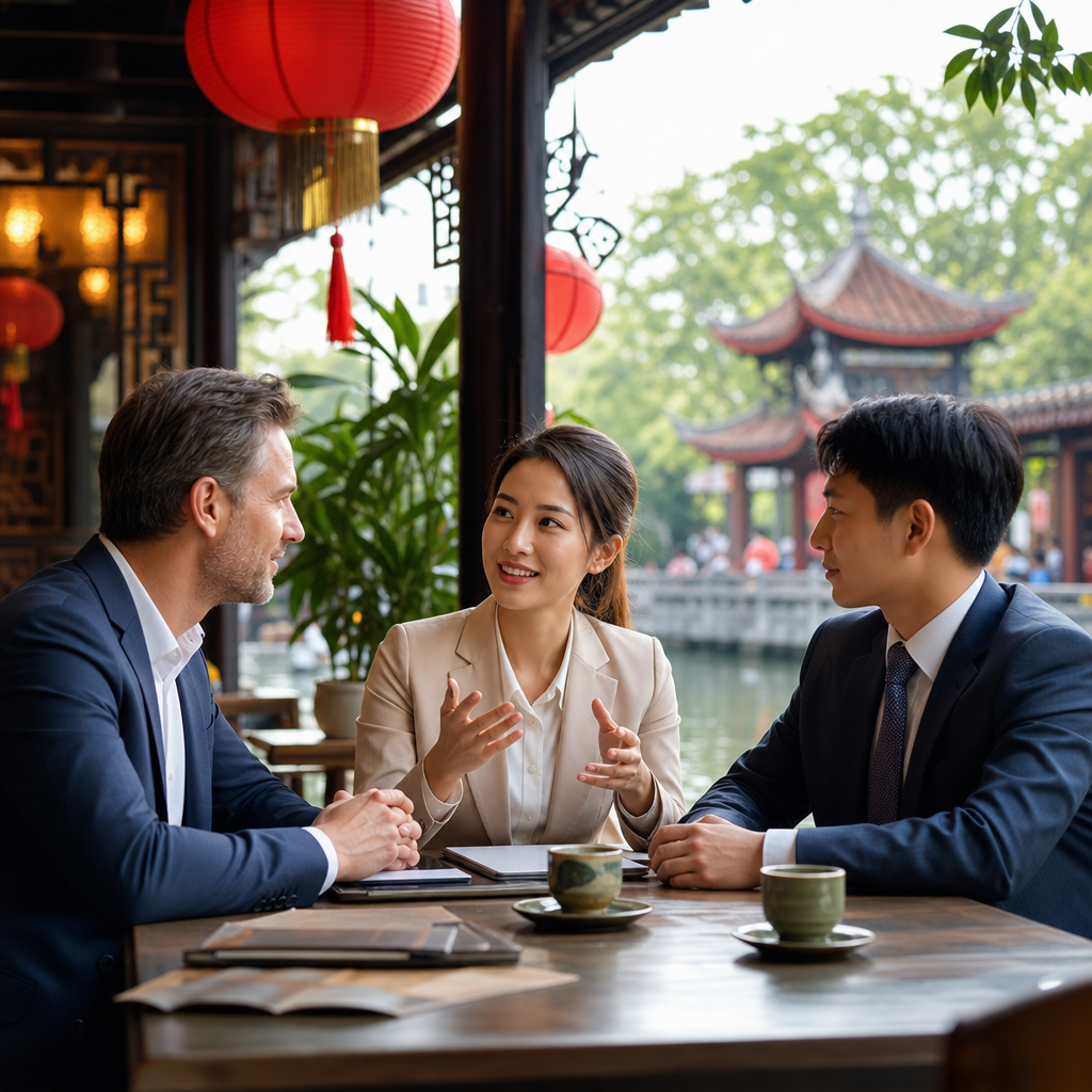 Professional interpreter explaining business etiquette to foreign executives during a Vietnamese corporate meeting