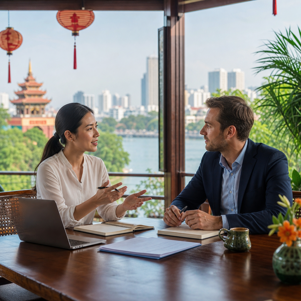 Business travelers briefing a Vietnamese interpreter before a meeting in Vietnam