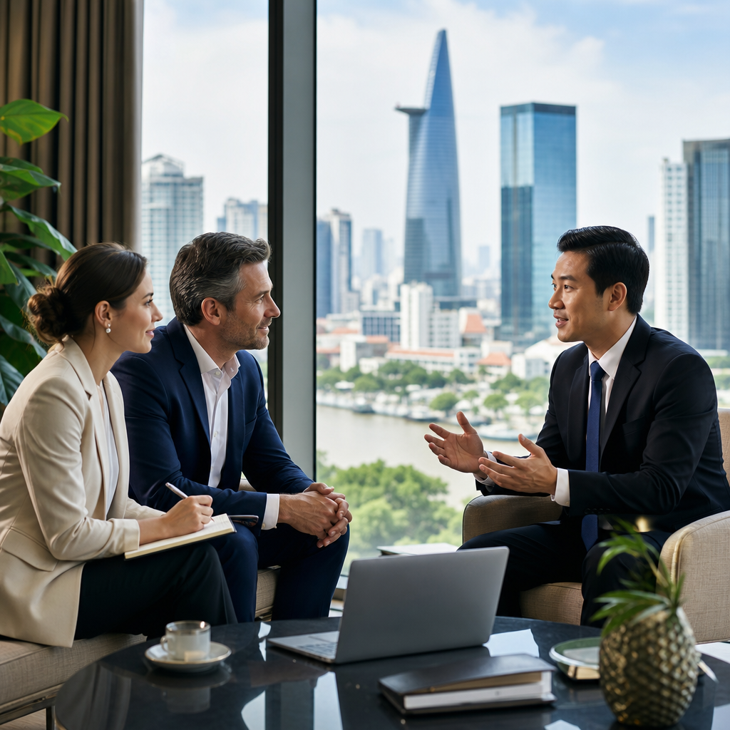 Professional interpreter supporting a foreign business visitor in Vietnam