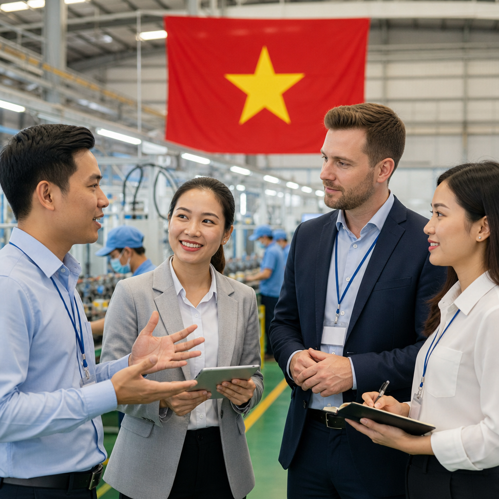 Foreign business visitors reviewing factory production lines with a Vietnamese interpreter