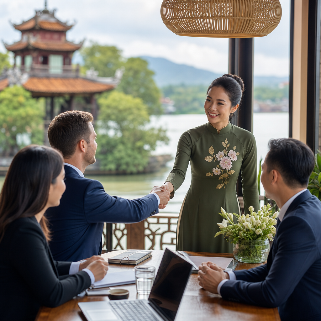 International business travelers greeting Vietnamese partners during a meeting