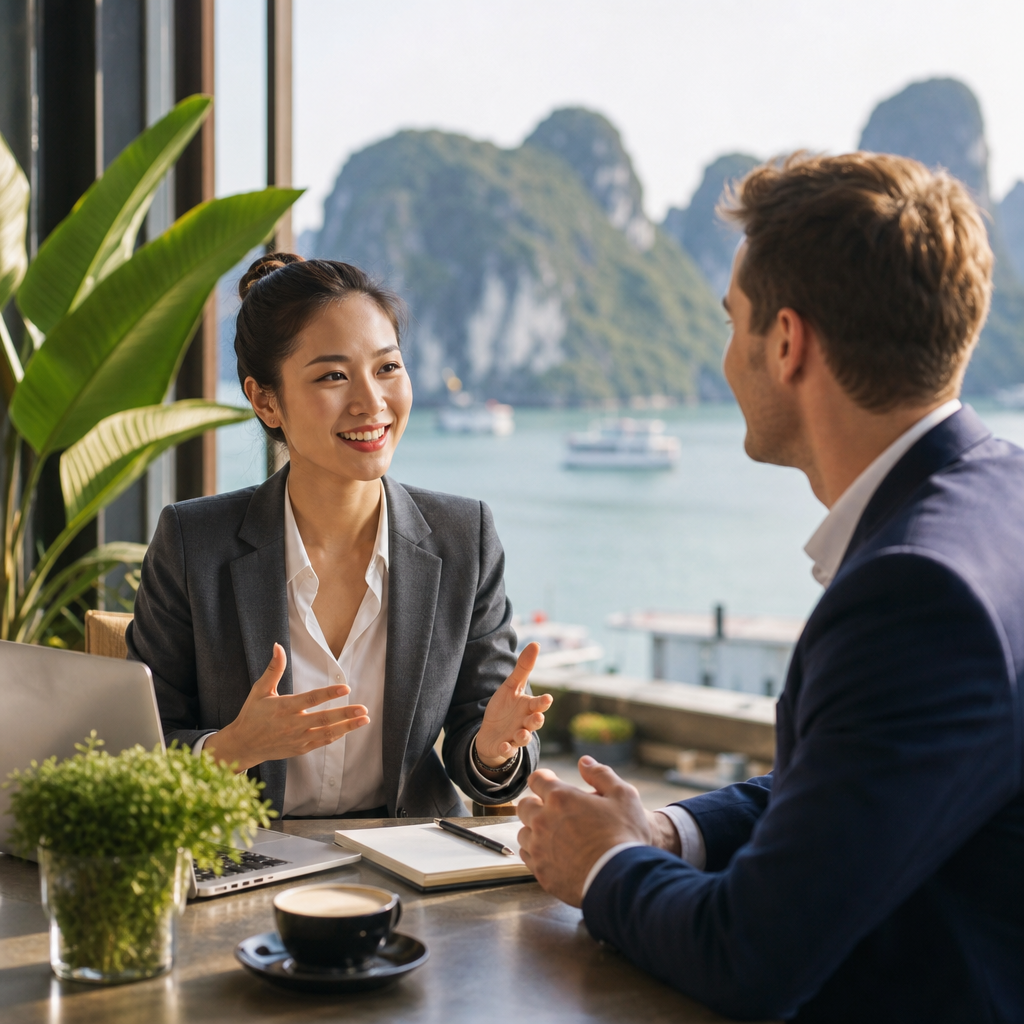 Foreign business professionals sharing coffee during a Vietnamese business meeting