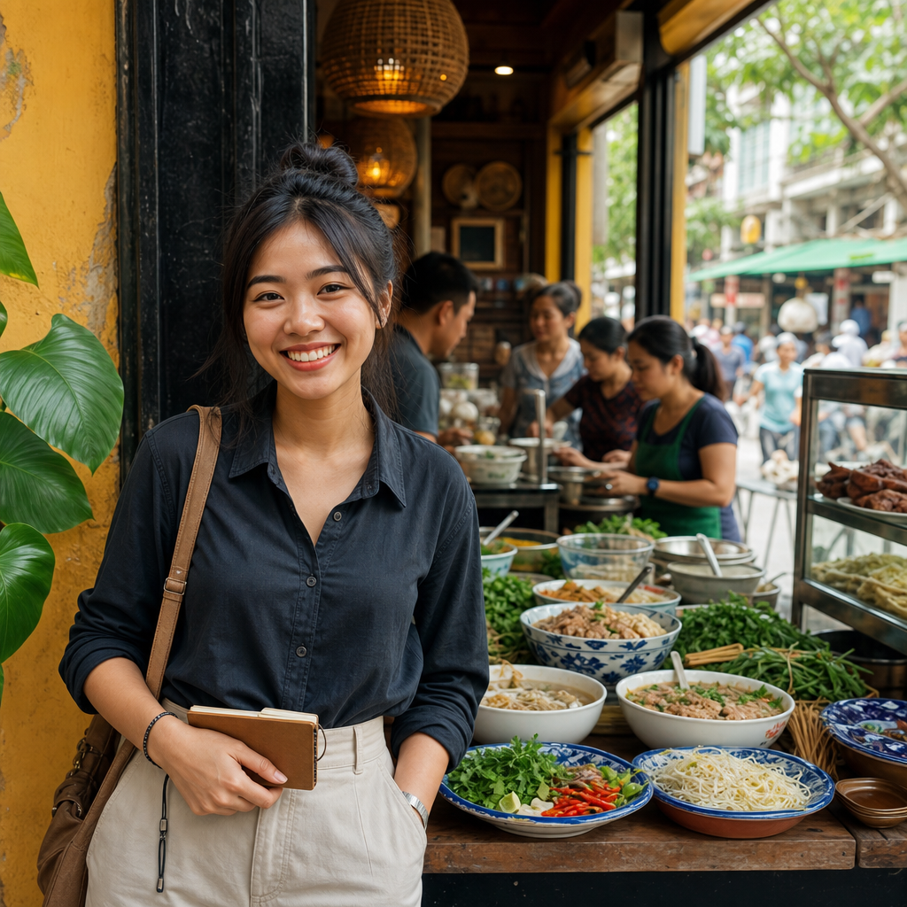 Minh Tran guiding international visitors through Da Nang street food