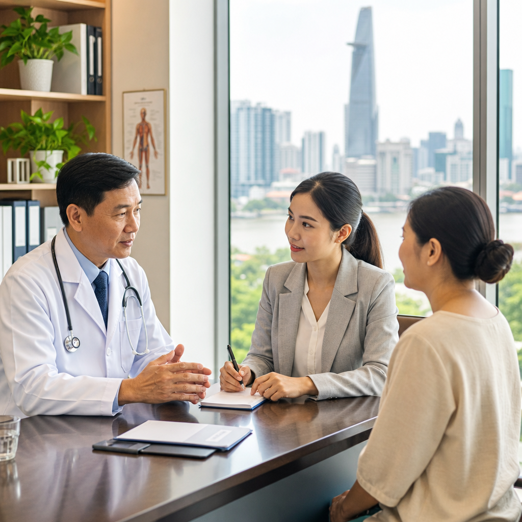 Interpreter helping an international patient communicate with a doctor at a Vietnam hospital