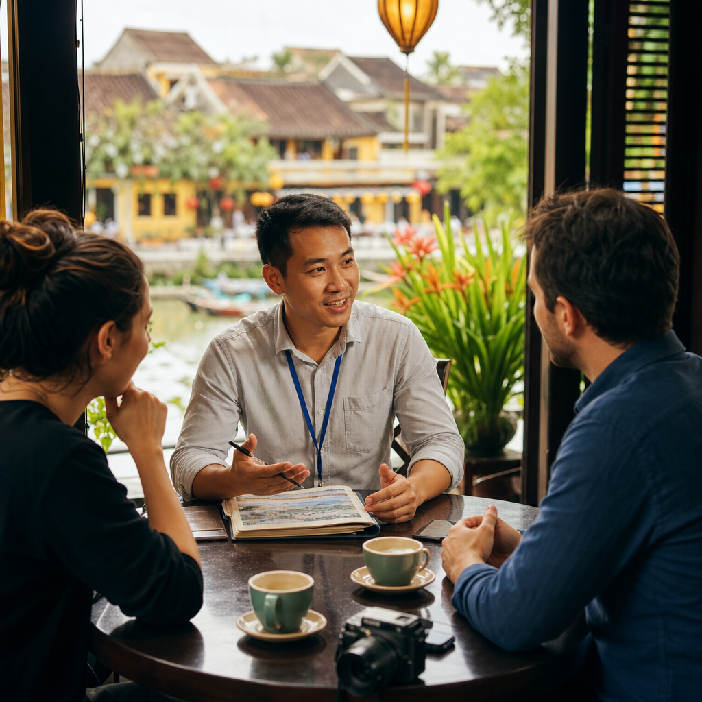 Traveler discussing a flexible Vietnam itinerary with a professional local guide