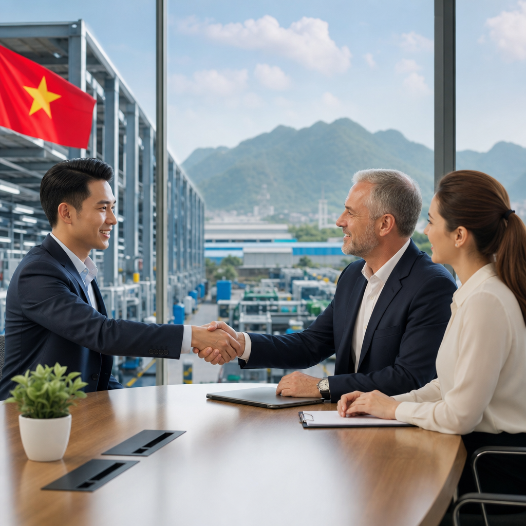 Interpreter helping an international team negotiate with a Vietnamese factory