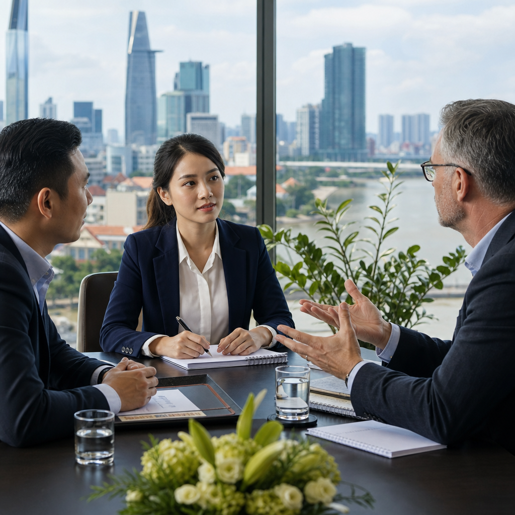 Foreign executives briefing a Vietnamese interpreter before a business meeting