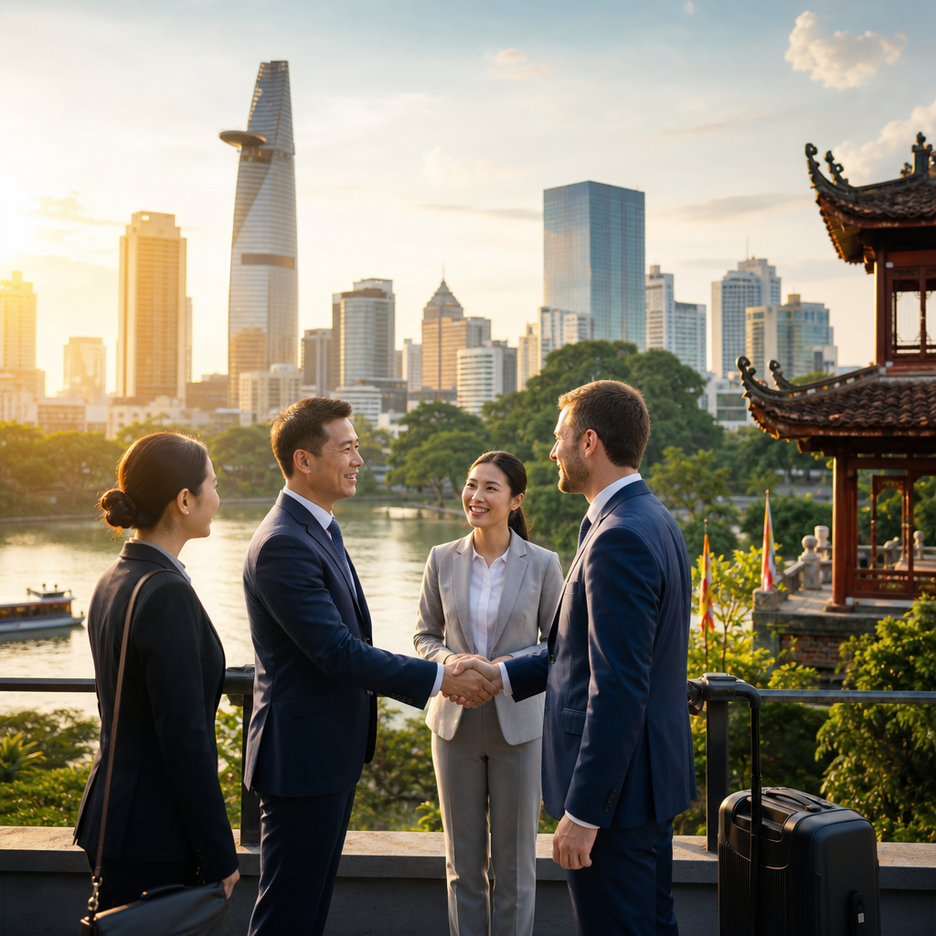 Professional interpreter-companion assisting foreign business travelers during a Vietnam factory visit