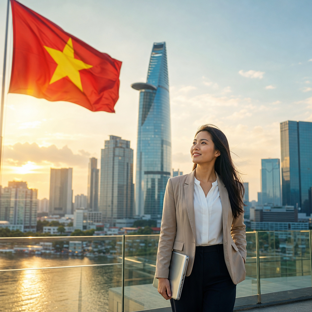 Business traveler meeting an interpreter-companion after arriving at a Vietnam airport