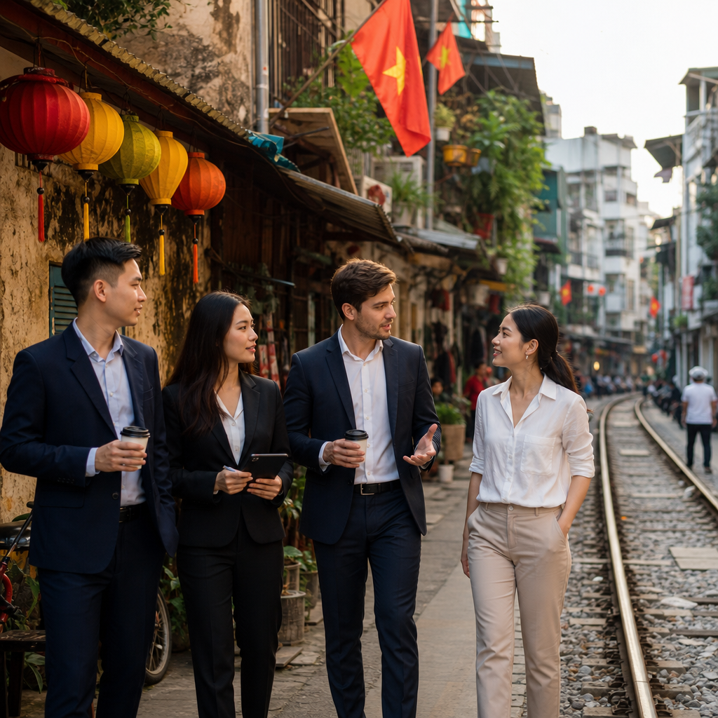 International startup team walking between business meetings in Hanoi with a local interpreter-companion