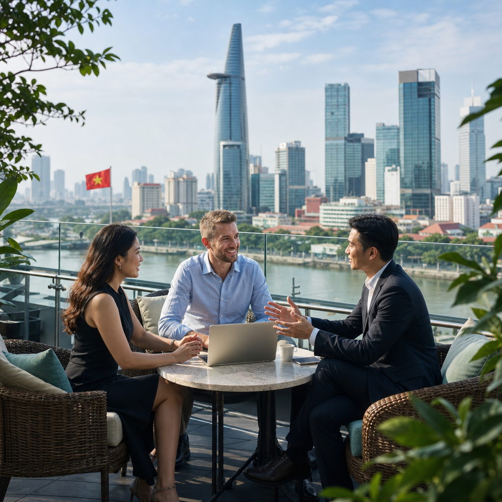 Interpreter-companion helps an expat view an apartment and navigate daily life in Ho Chi Minh City