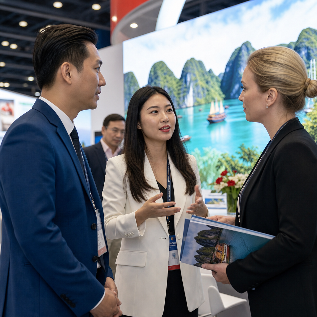 Interpreter helping international exhibitors communicate at a Vietnam trade show booth