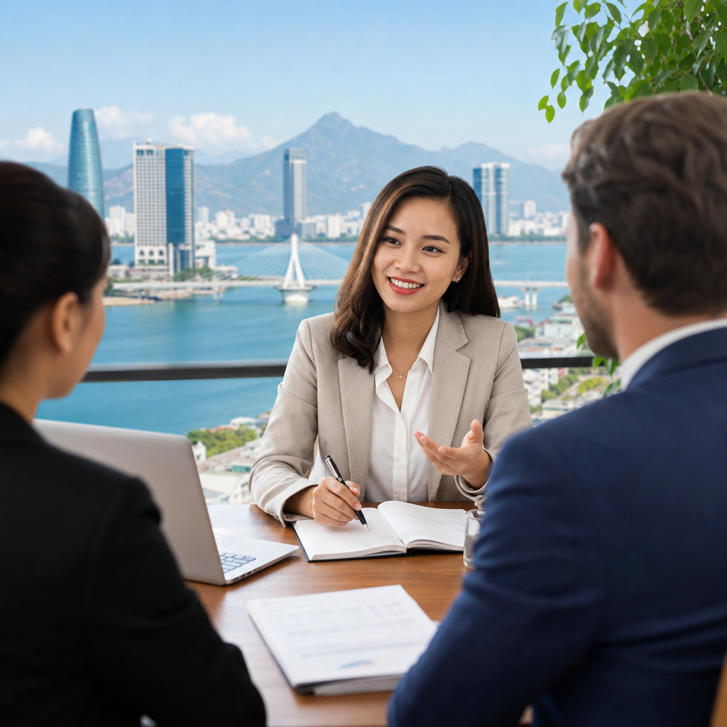Minh Tran supporting international clients during a business meeting in Da Nang