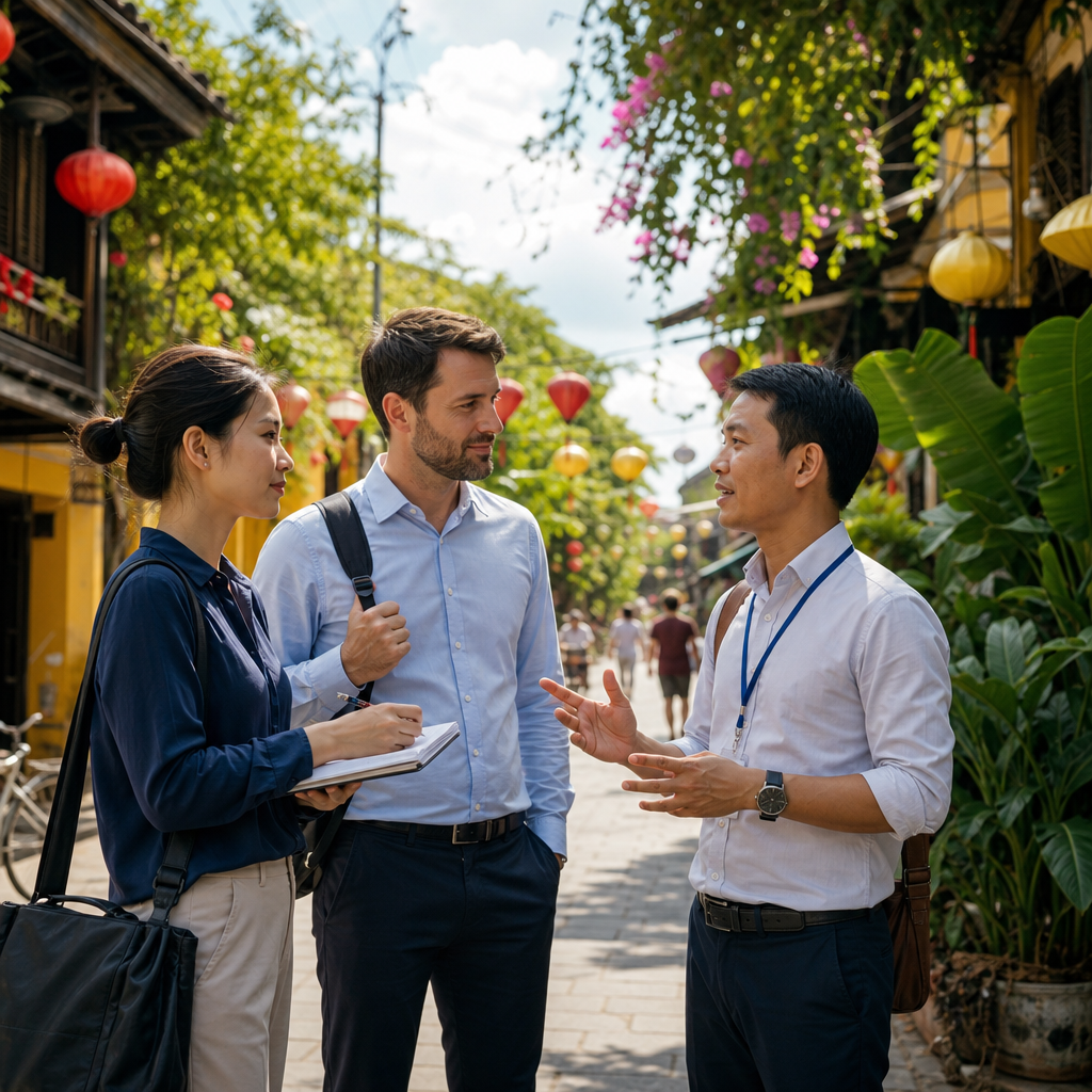 Professional local guide supporting foreign business research at a Vietnam supplier meeting