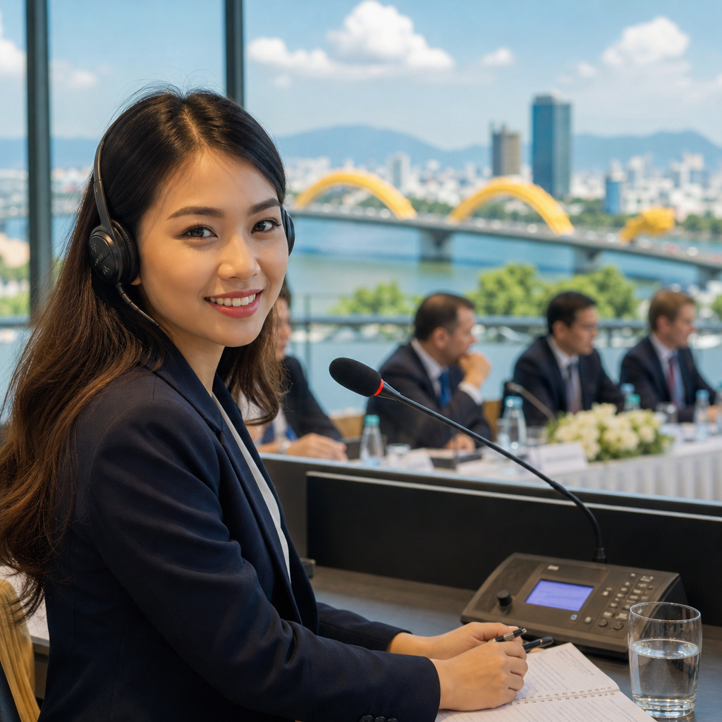Mai Le supporting international speakers at a business conference in Da Nang