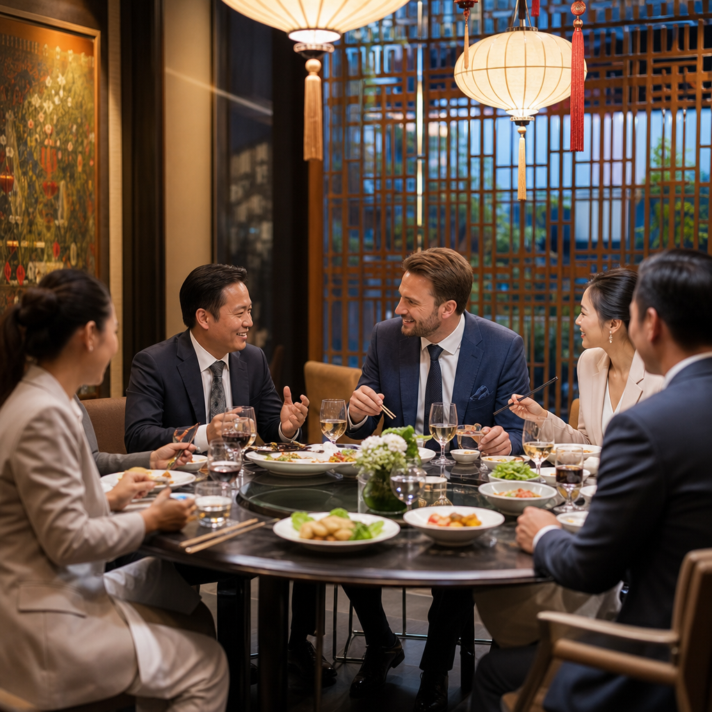 International business guests sharing a Vietnamese meal with local partners