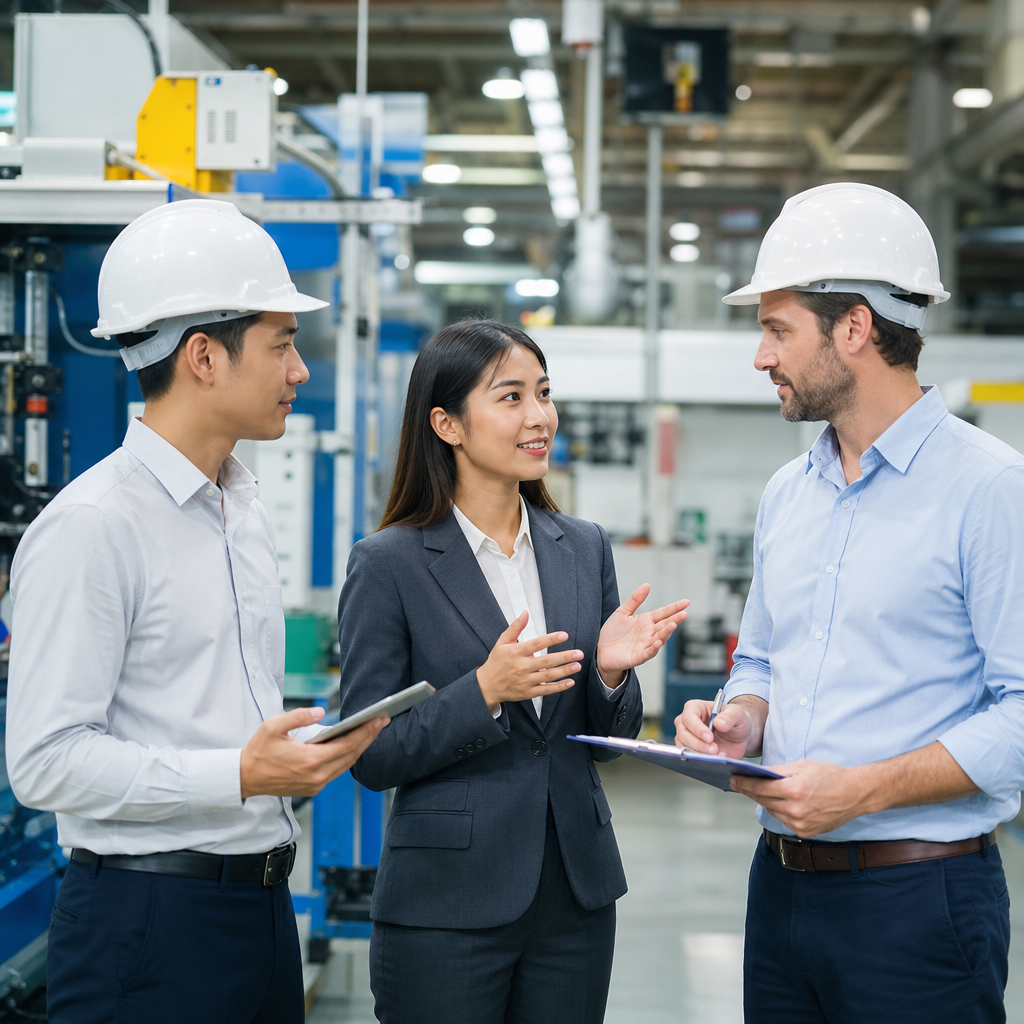 Interpreter supporting foreign buyers during a Vietnam factory audit on a manufacturing floor