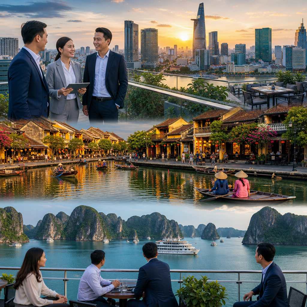 Interpreter-companion helping foreign business visitors during a Vietnam meeting and cultural itinerary