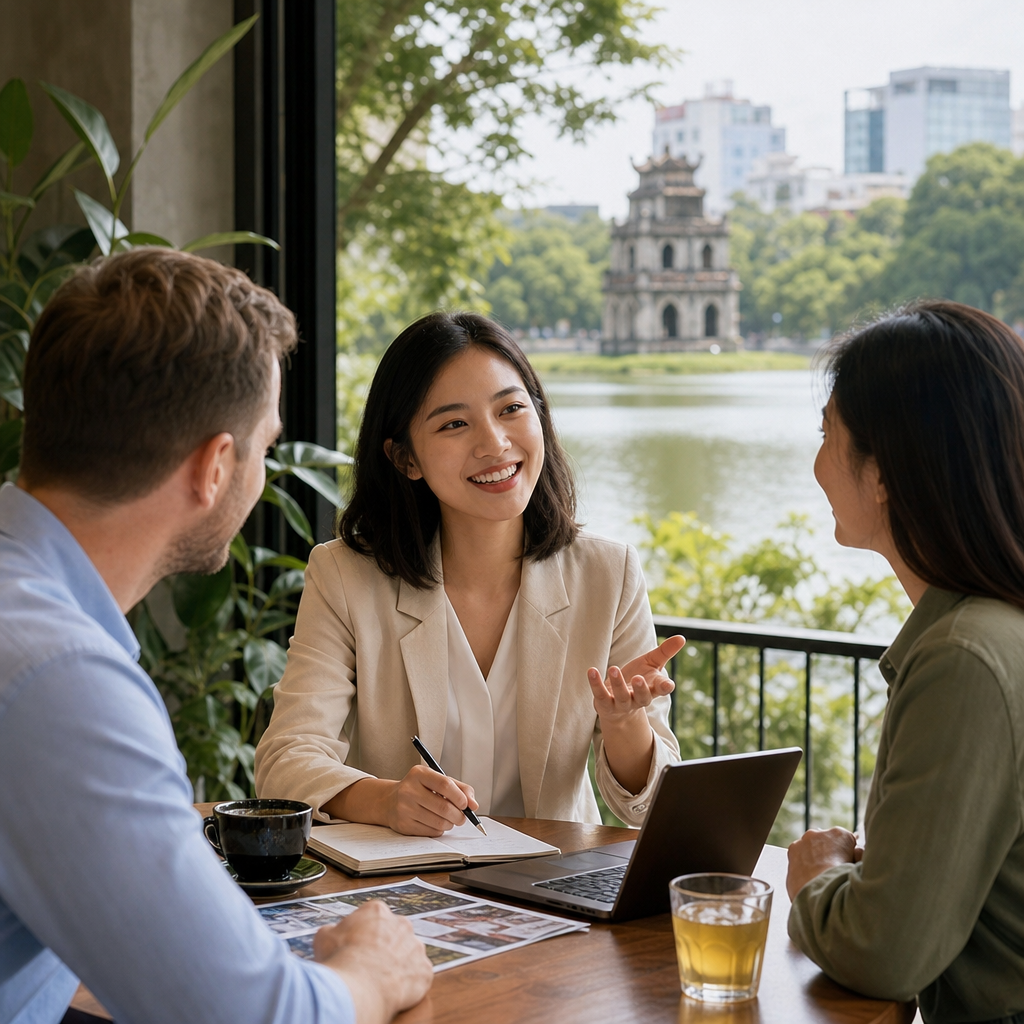 Linh Nguyen supporting an international buyer during a Hanoi trade meeting