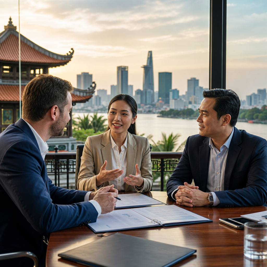 Interpreter supporting foreign business leaders during a Vietnam contract negotiation